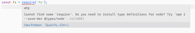 The "cannot find name 'require' error in TypeScript.