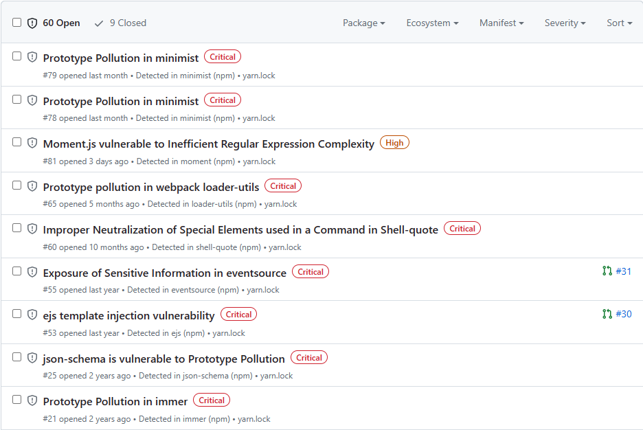 Security weaknesses found in npm packages installed during Create React App setup.