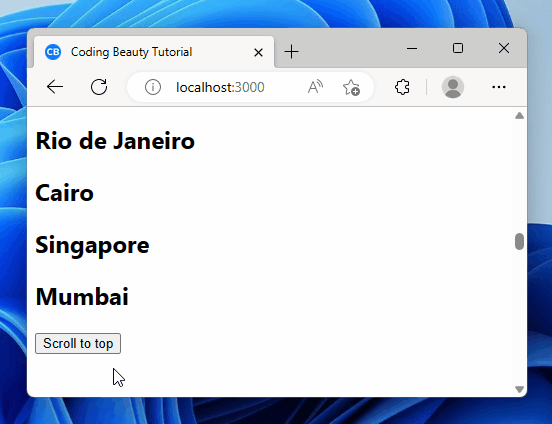Clicking the button to scroll to the top of the page in React.