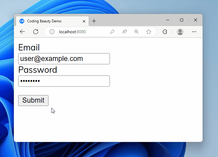 Preventing a page refresh on form submit in Vue.js to show an alert dialog before submission.