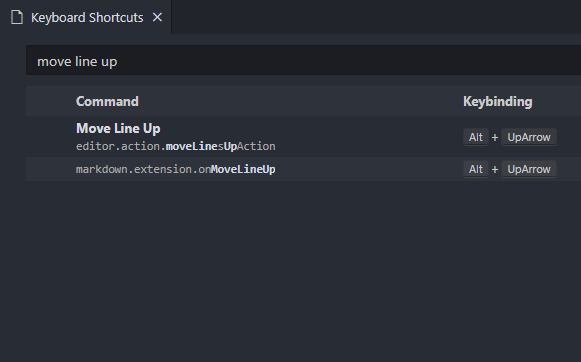Searching for the Move Line Up command in the Keyboard Shortcuts page