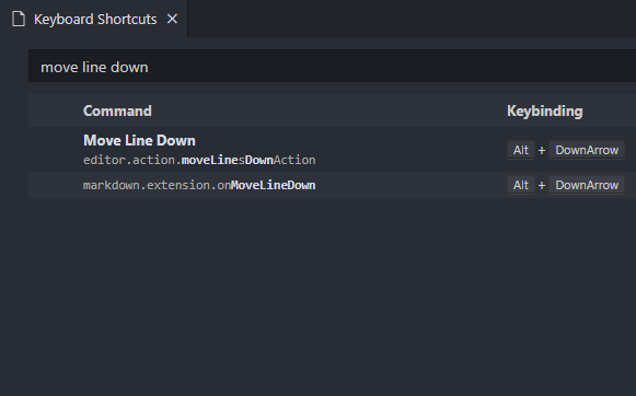 Searching for the Move Line Down command in the Keyboard Shortcuts page of VS Code