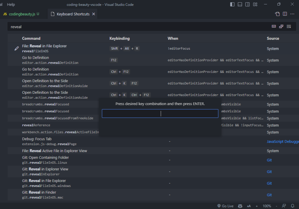 Changing the Reveal in File Explorer keyboard shortcut in VS Code.