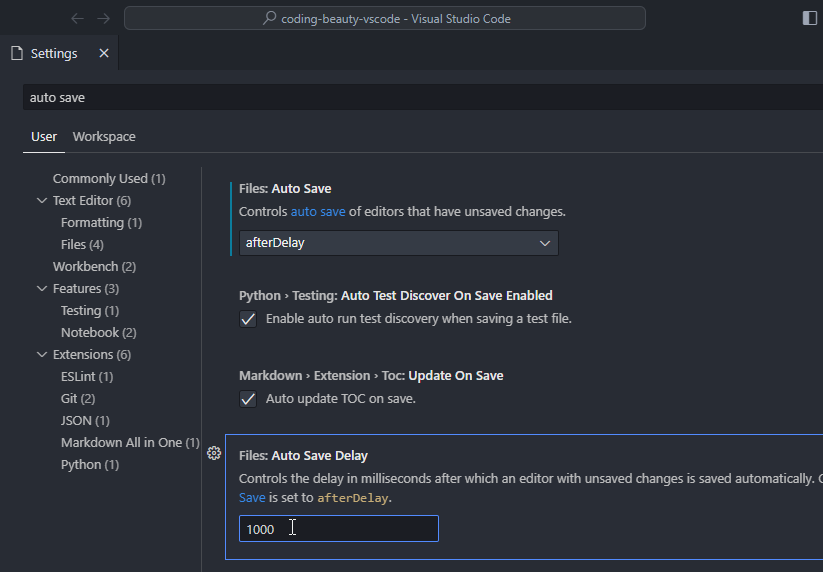 Modifying the autosave delay in VS Code.