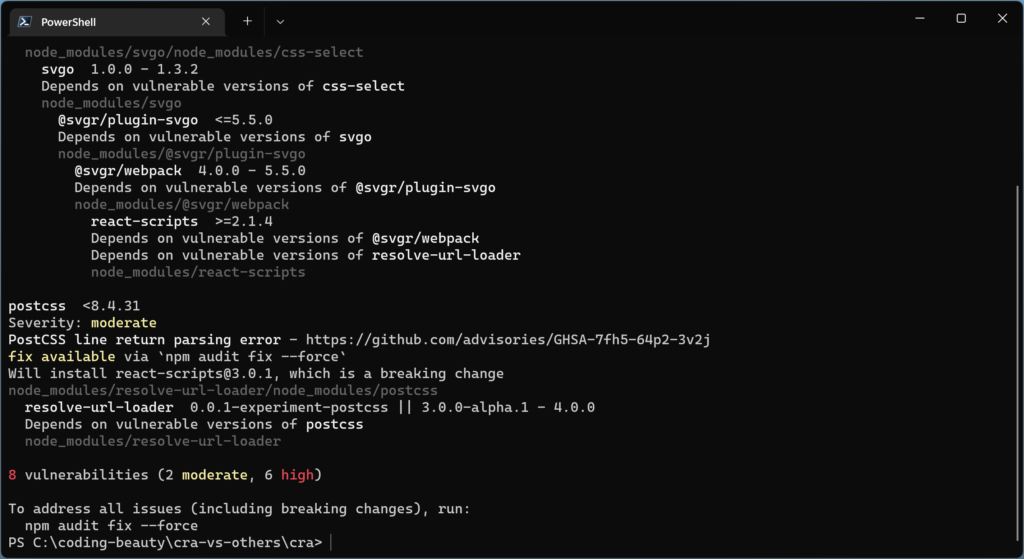 Create React App has 8 high security vulnerabilities.